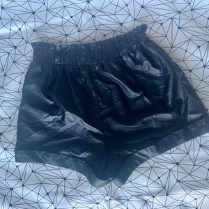 Lela Sky Faux Black Leather Shorts with pockets and elastic waist